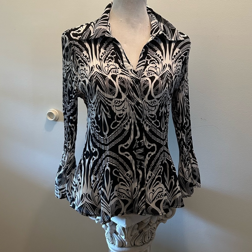 🌲 SUNNY LEIGH Black and White Accordion Pleat Top Med sleek WN3